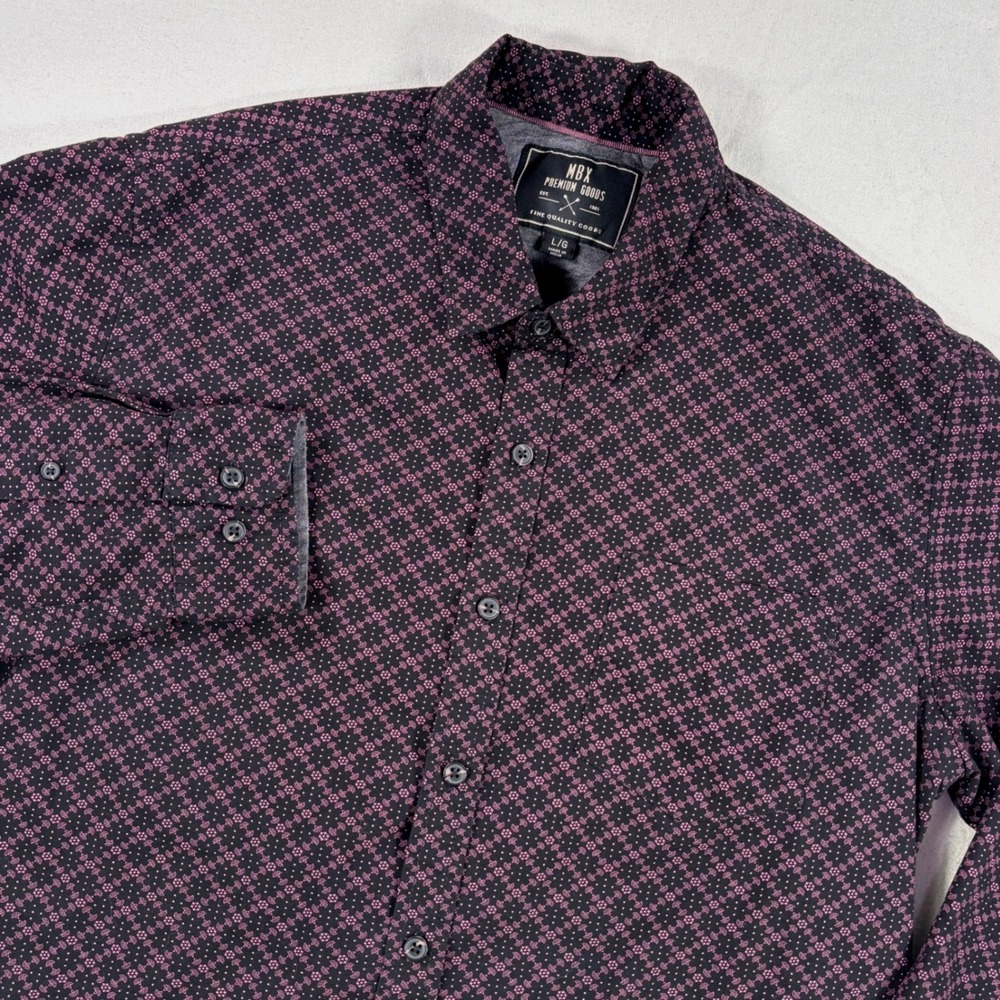 MBX Premium Goods Men Large Black Pink Geometric Floral Cotton Button Down Shirt